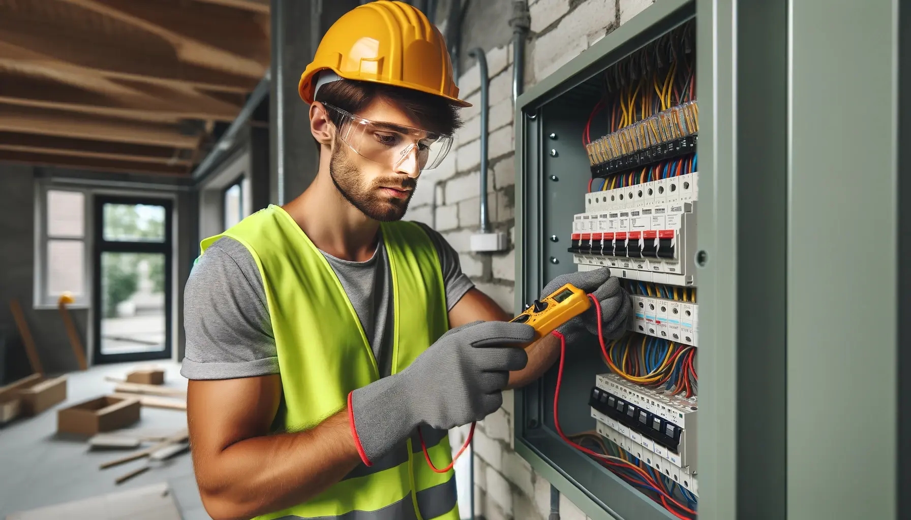 Electrician wearing a helmet, safety vest, and protective gloves using a digital multimeter to measure voltage in an electrical panel. Background shows a construction site in progress.